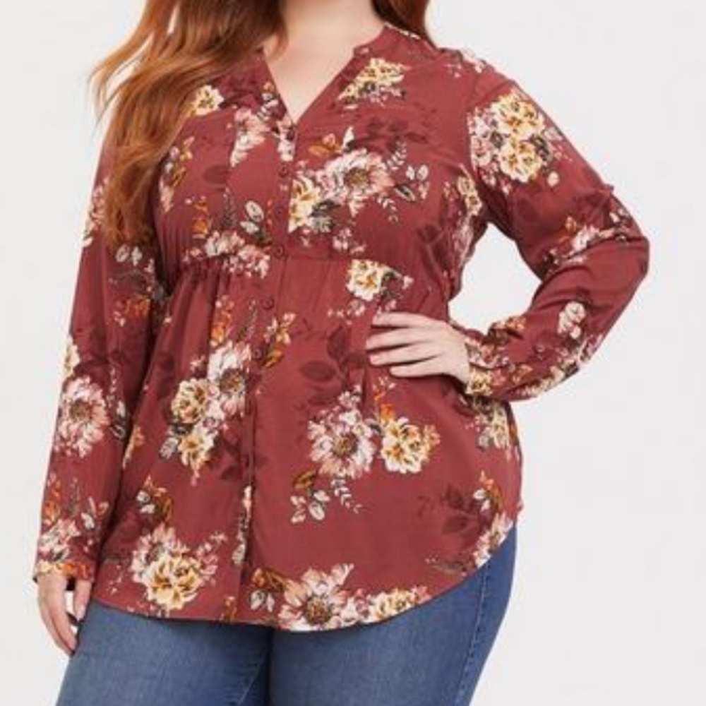 Torrid Floral Top 1X Red Babydoll Boho Western Retro Hippie Indie Flowy Chic